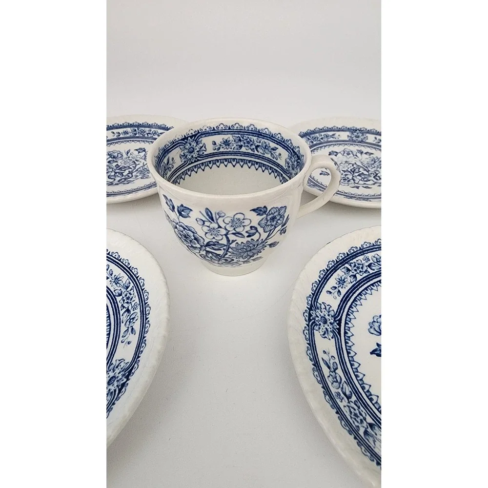 Wood's England Dorset Tea Cup Saucers 5pc Blue White Floral Vintage Transferware